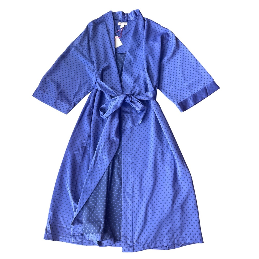 Cabernet by Sleep Sense Robe Women XL Blue Polka Dot Satin Wrap NWT